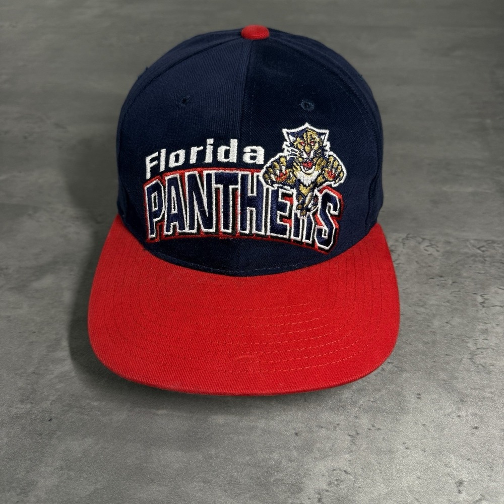 Vintage Starter Florida Panthers Snapback Hat Navy Red Spellout Script Hockey